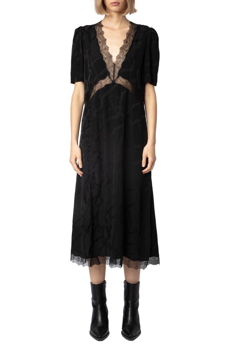 Zadig & Voltaire Redox Jac Chaines Lace Trim Silk Dress, Main, color, 