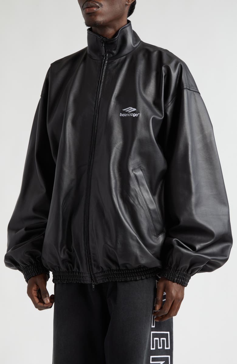 Balenciaga 3B Logo Oversize Leather Track Jacket, Alternate, color, Black