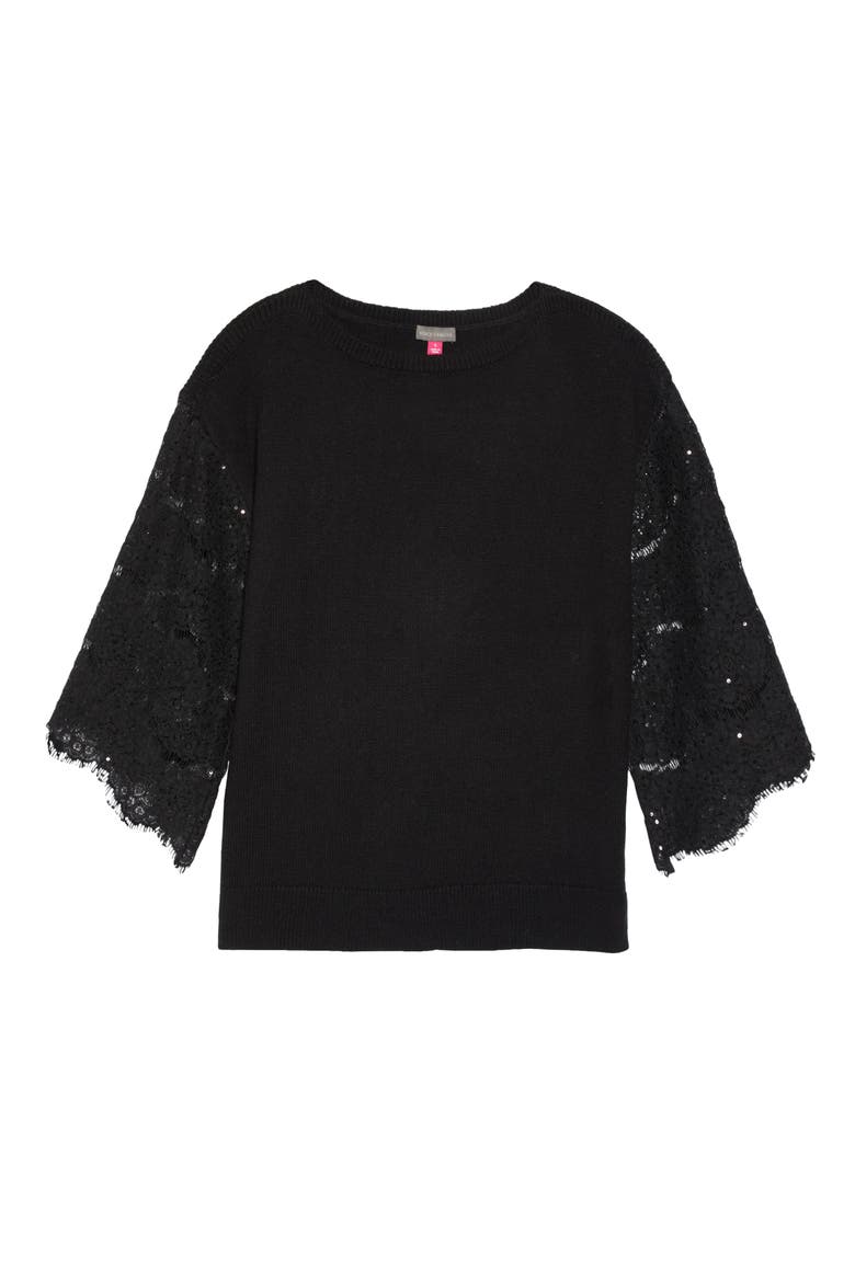 Sequin Lace Sleeve Mixed Media Sweater, Alternate, color, RICH BLACK