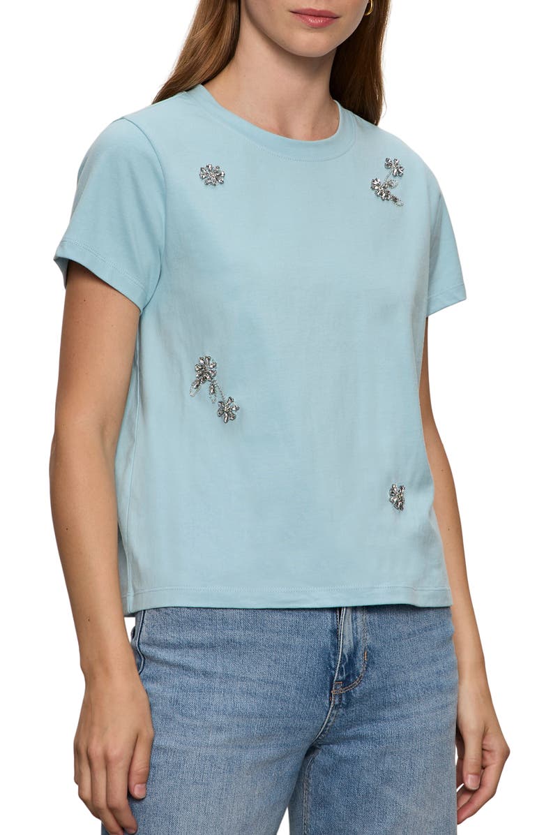 Sanctuary Floral Crystal Embellished Organic Cotton T-Shirt, Main, color, Aquamarine Blue