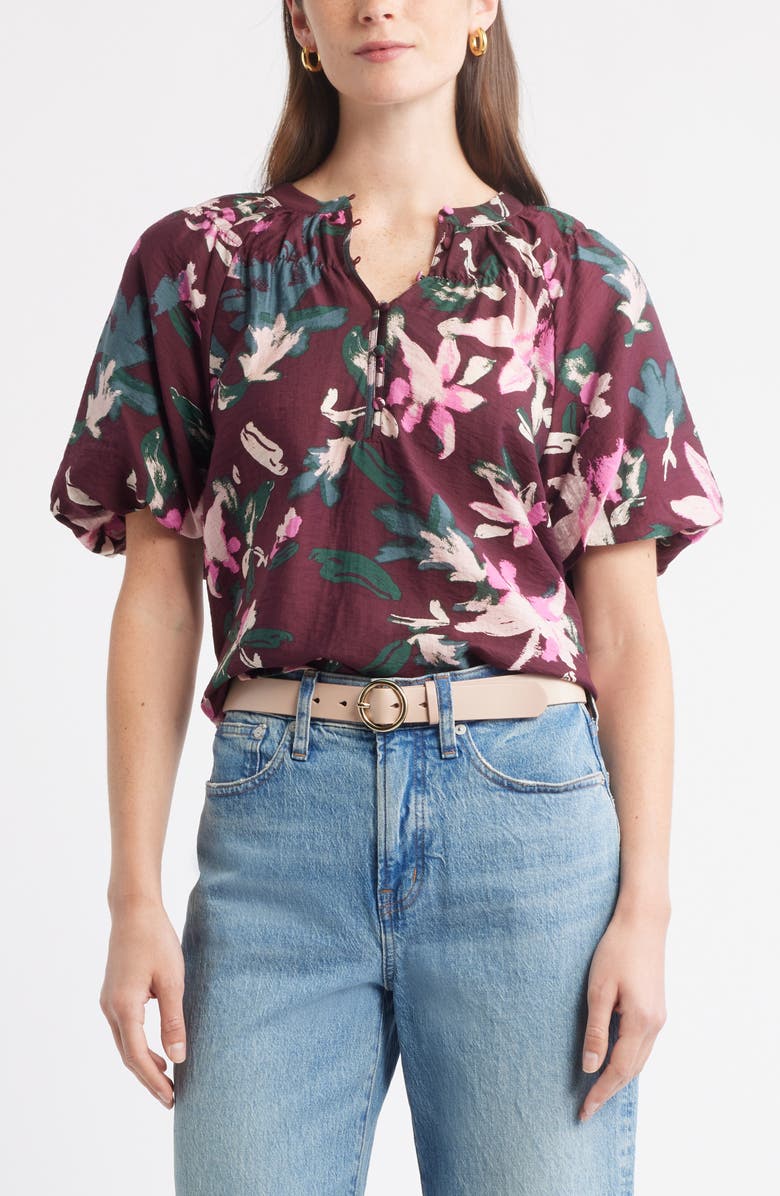 Caslon<sup>®</sup> Puff Sleeve Top, Main, color, Burgundy- Pink Lucy Floral