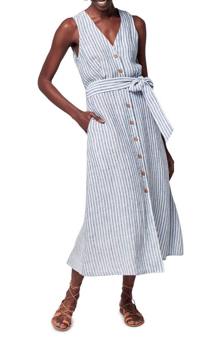 Faherty Margaux Stripe Belted Linen Midi Dress, Main, color, 