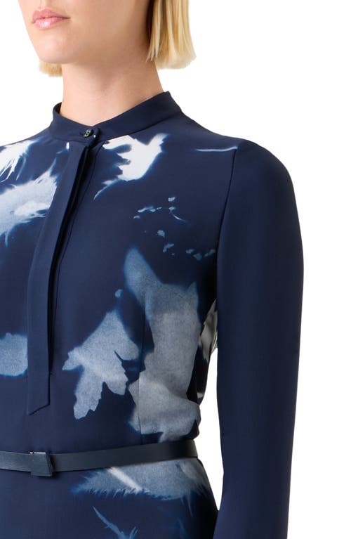 Akris Cyanotype Print Long Sleeve Silk & Wool Shirtdress In Blue