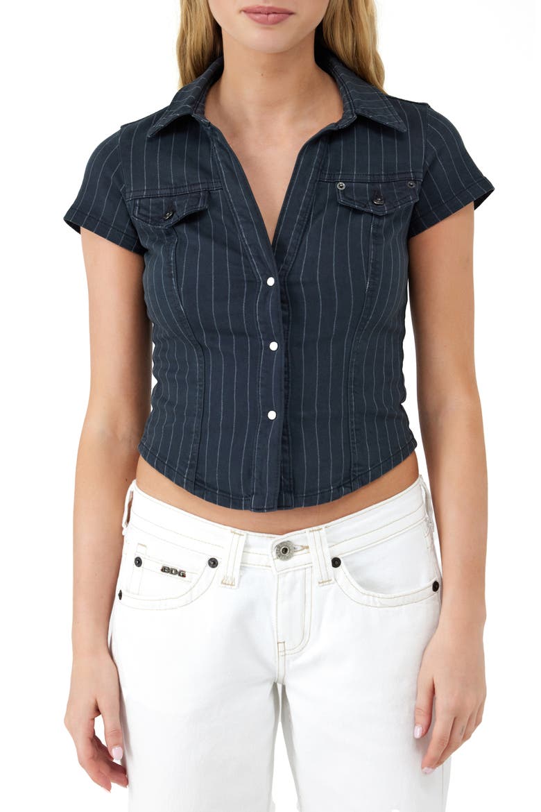 Polly Pinstripe Denim Snap-Up Shirt, Main, color, BLACK