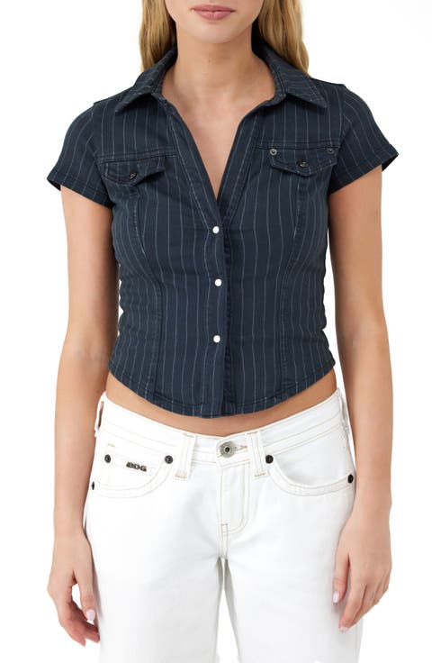 Polly Pinstripe Denim Snap-Up Shirt