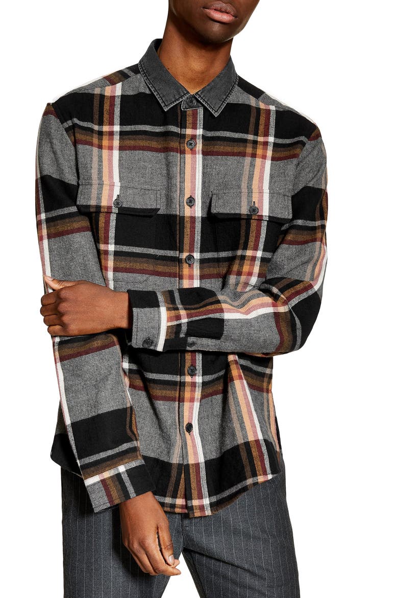Slim Fit Denim Collar Flannel Shirt, Main, color, GREY MULTI