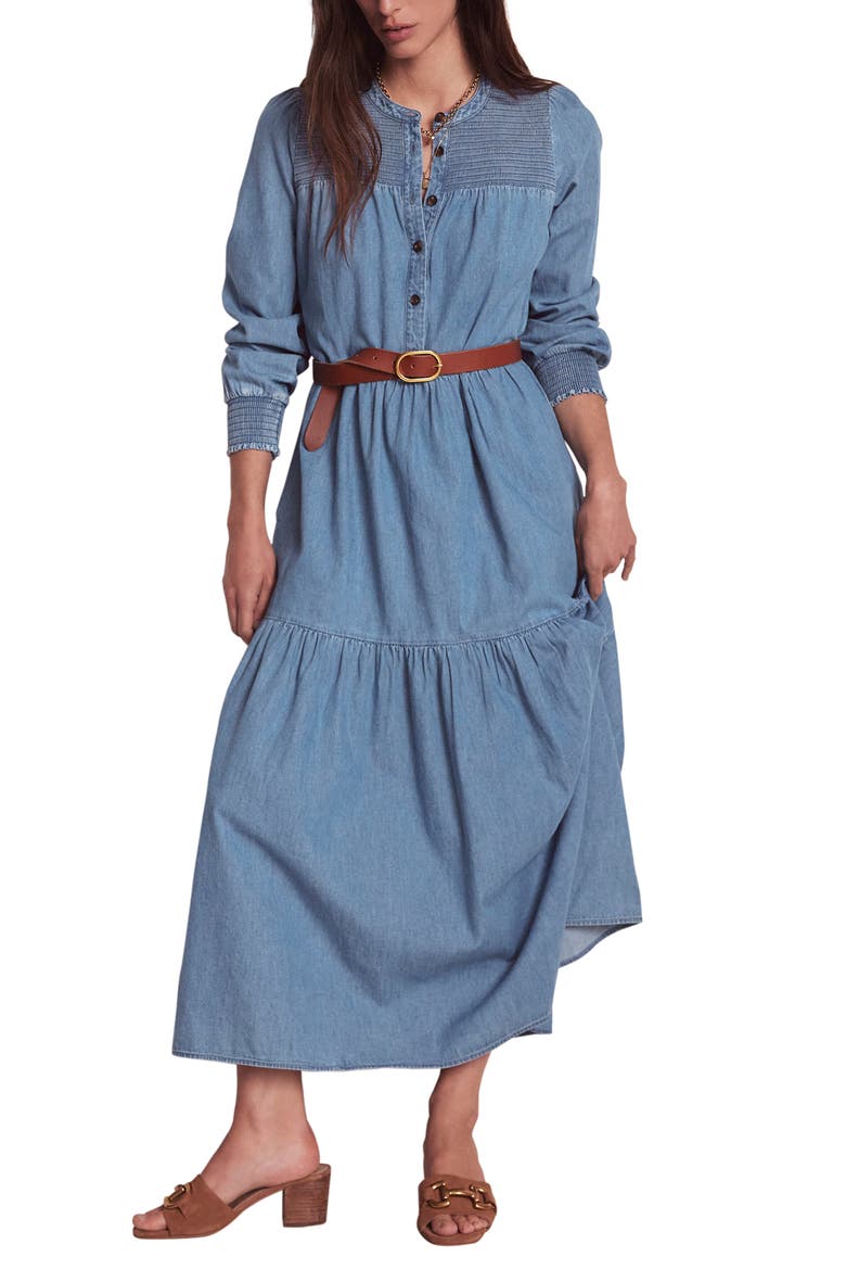 Smock Detail Long Sleeve Cotton Chambray Midi Dress, Main, color, LIGHT VINTAGE DENIM