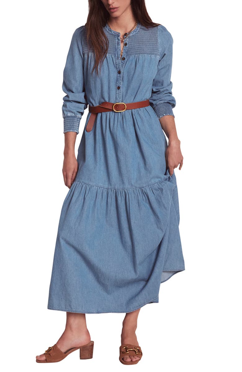 Boden Smock Detail Long Sleeve Cotton Chambray Midi Dress, Main, color, Light Vintage Denim