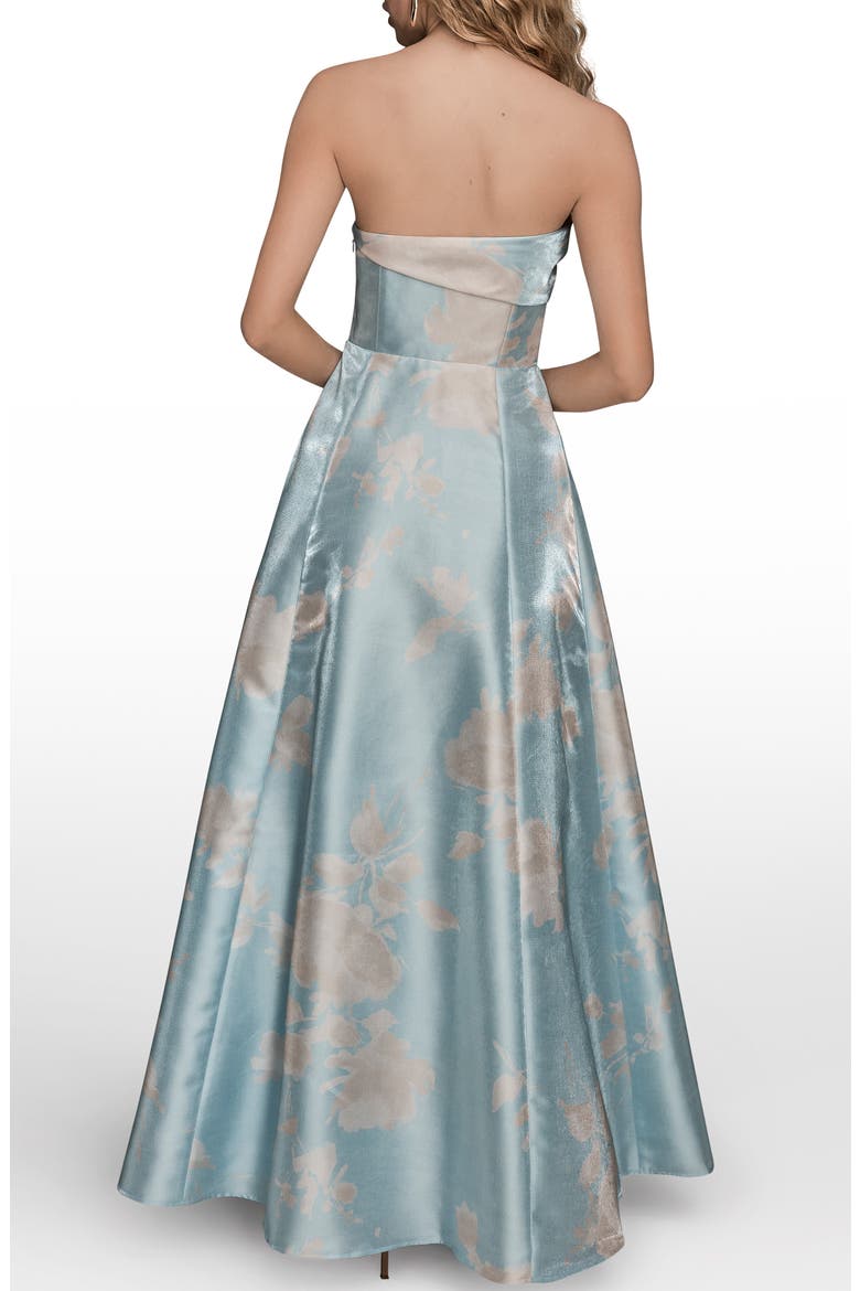 strapless floral satin dress Strapless Floral Satin Column Dress with Removeable Watteau Train