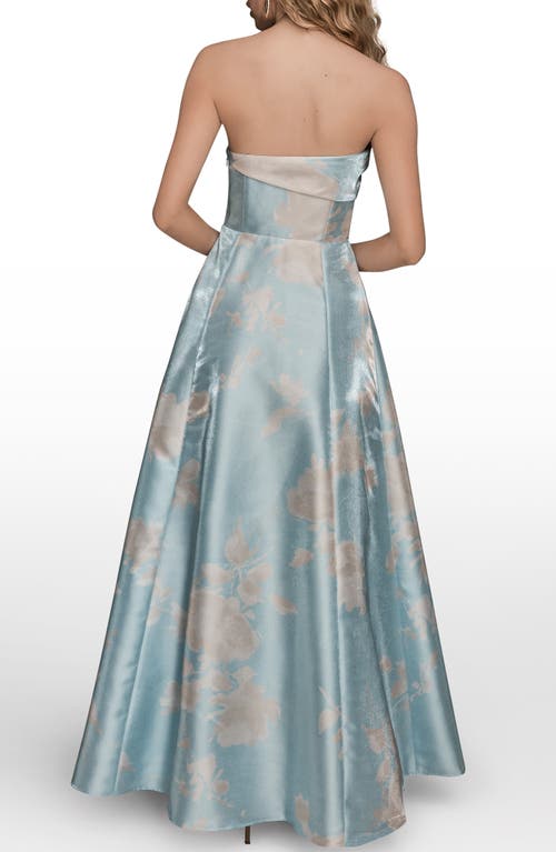 Donna Karan New York Floral Print Strapless Satin Gown In Blue