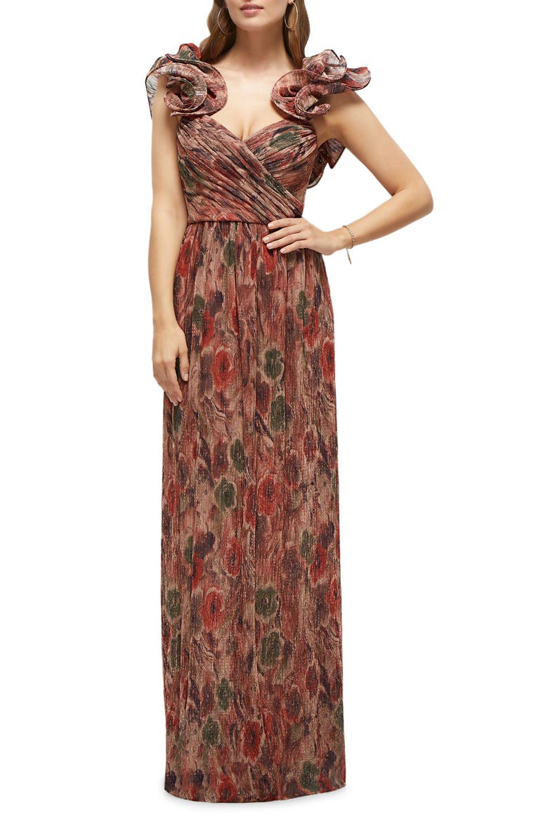 Metallic Print Gown, Main, color, HARVEST FLORAL PRINT