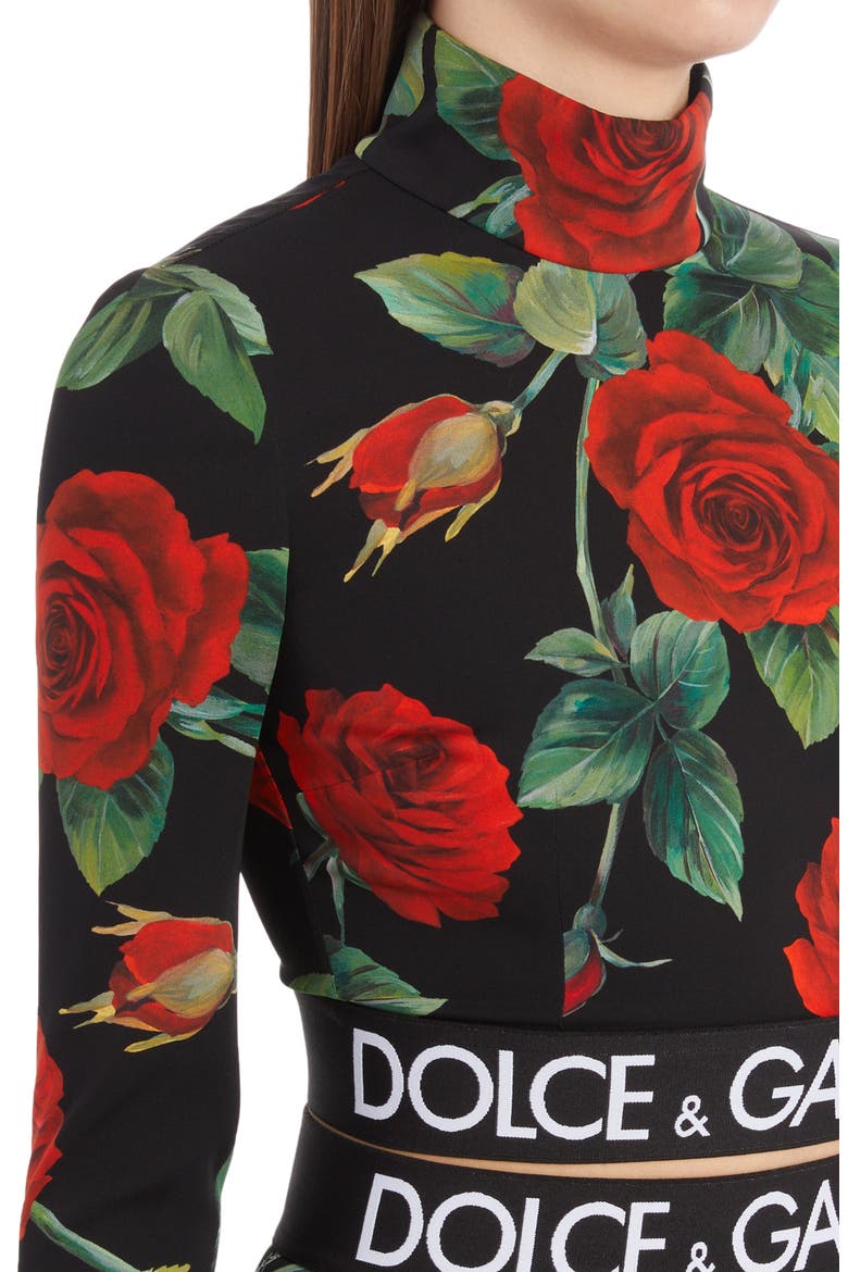 Rose Print Mock Neck Stretch Silk Crop Top, Alternate, color, HN2ZO ROSE FDO NERO