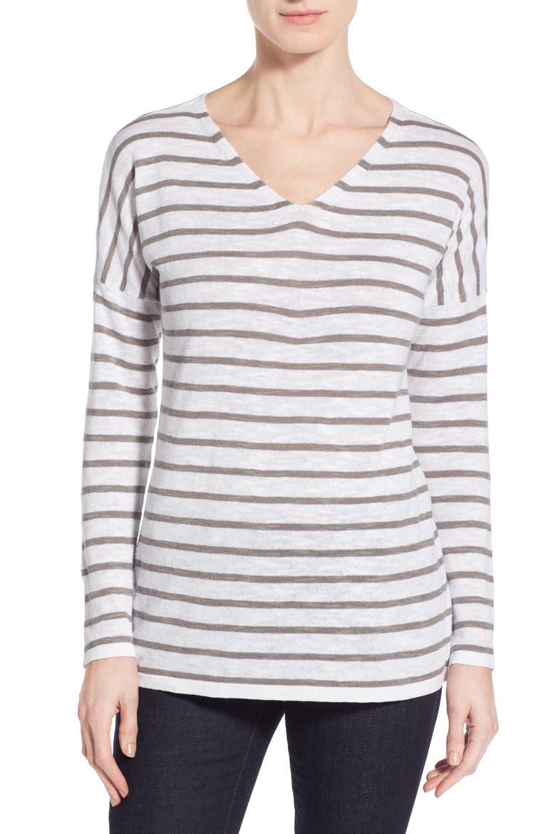 Stripe Organic Linen & Cotton V-Neck Sweater, Main, color, WHITE/ SMOKE