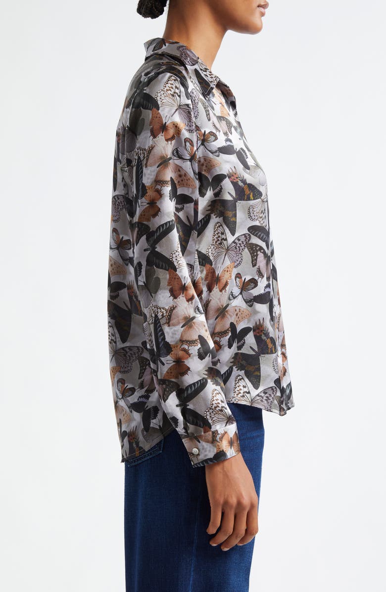 L'AGENCE Tyler Butterfly Print Silk Button-Up Shirt, Alternate, color, Multi Dark Butterfly