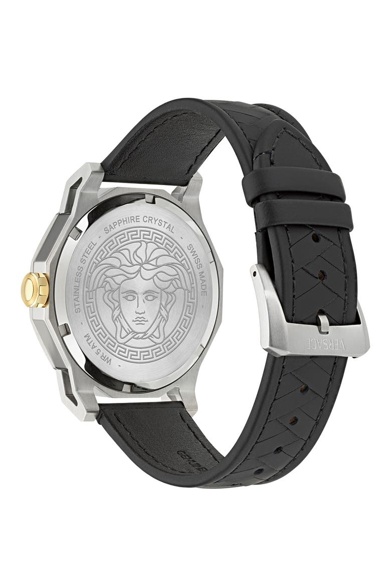 Medusa Deco Leather Strap Watch, 43mm, Alternate, color, STAINLESS STEEL