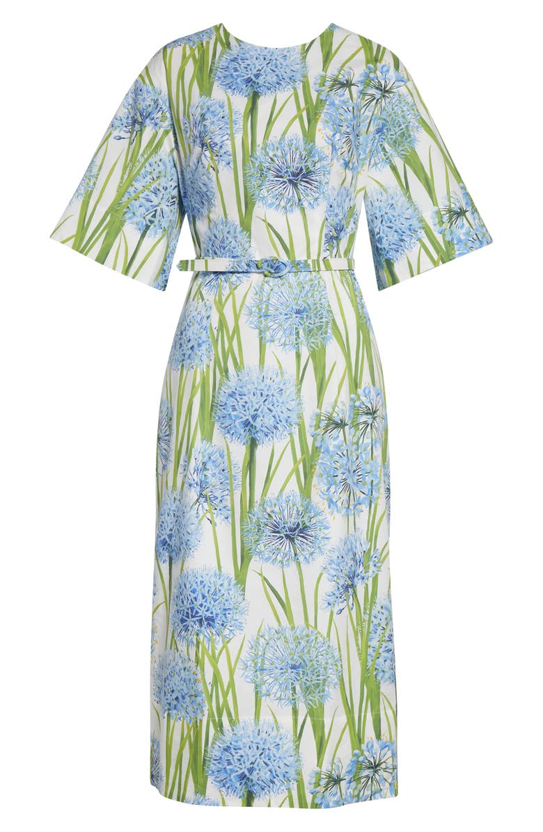 Oscar de la Renta Allium Cotton Stretch Poplin Belted Midi Dress, Alternate, color, Blue/ White