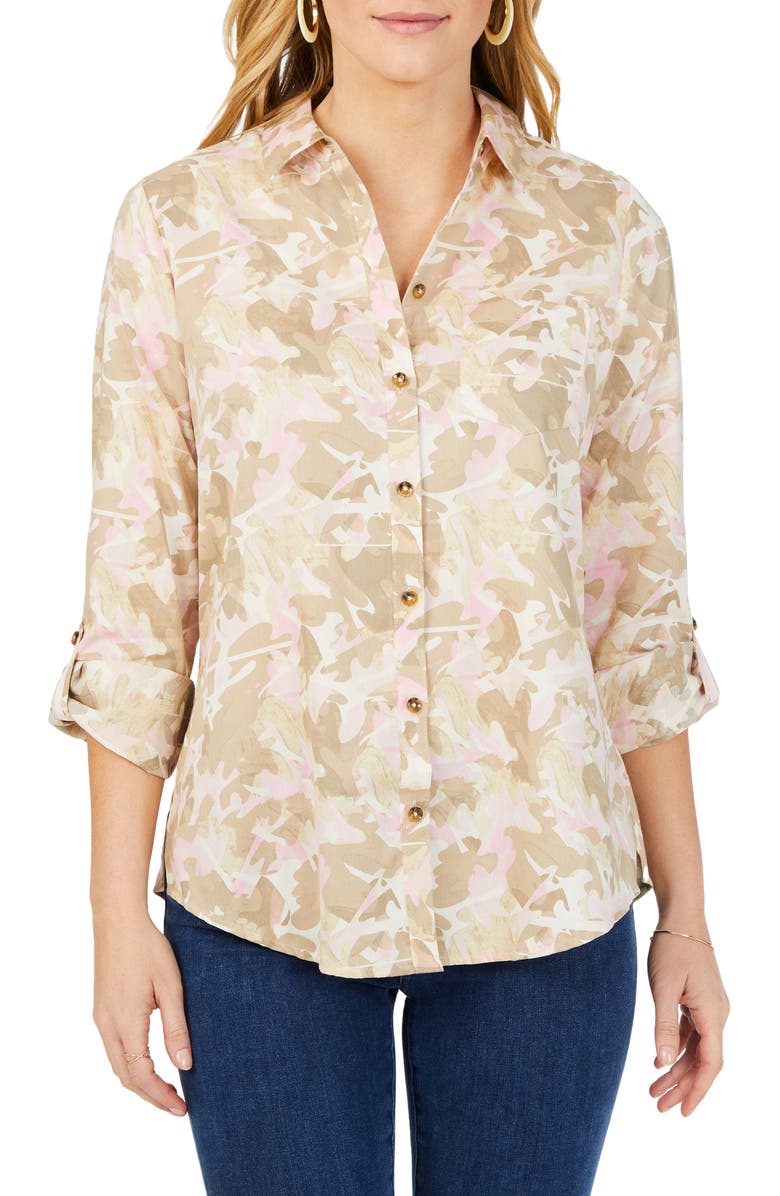 Foxcroft Zoey Abstract Print Roll Tab Non-Iron Cotton Button-Up Shirt, Main, color, Ivory Multi