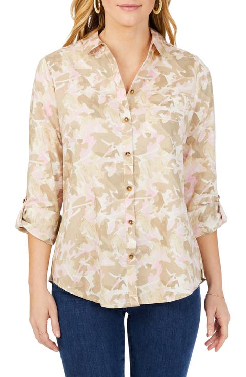 Zoey Abstract Print Roll Tab Non-Iron Cotton Button-Up Shirt