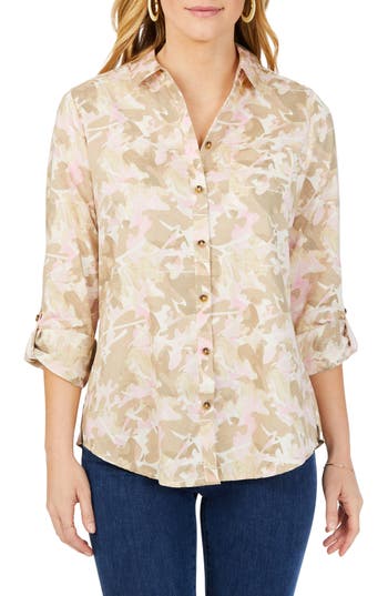 FOXCROFT FOXCROFT ZOEY ABSTRACT PRINT ROLL TAB NON-IRON COTTON BUTTON-UP SHIRT