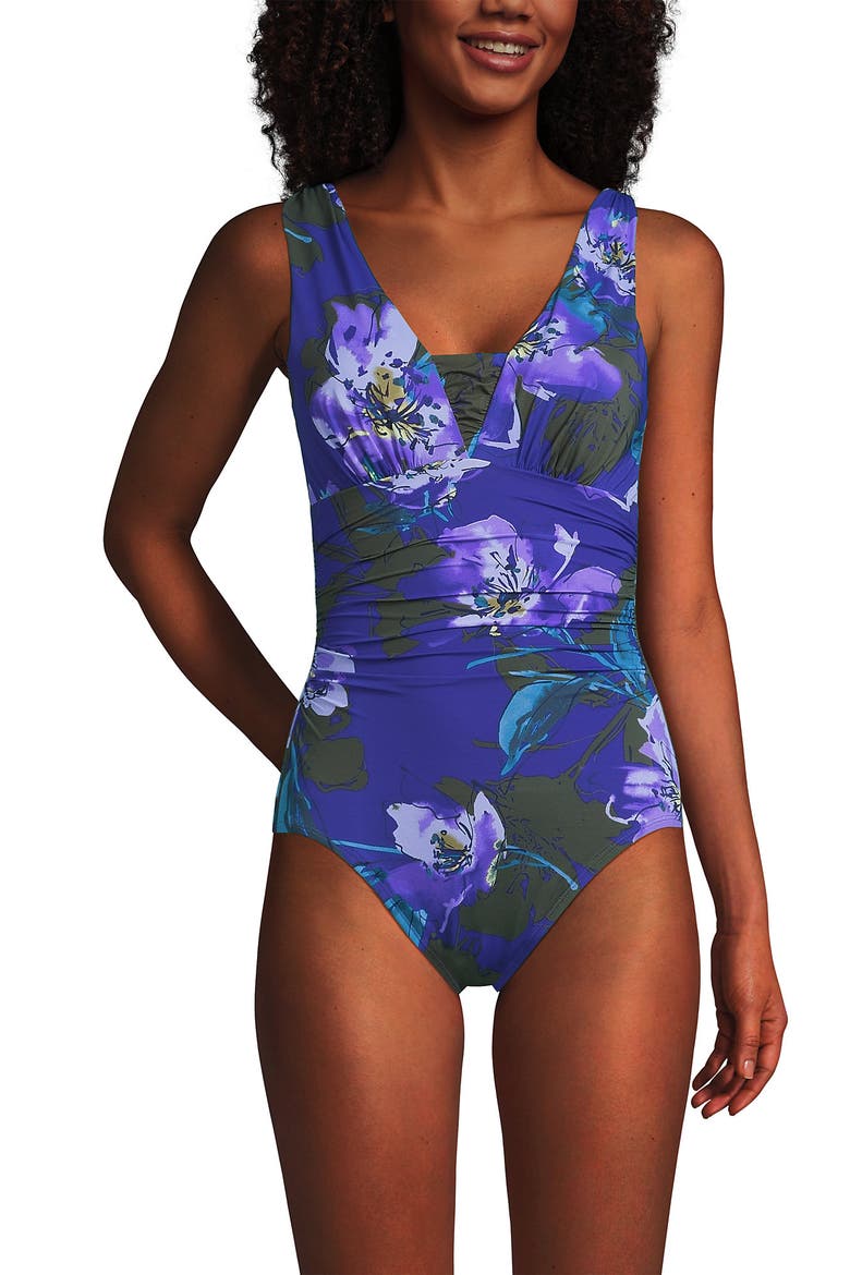 NEW SlenderSuit Grecian Adjustable Low Leg One Piece, Main, color, Violet Etched Floral
