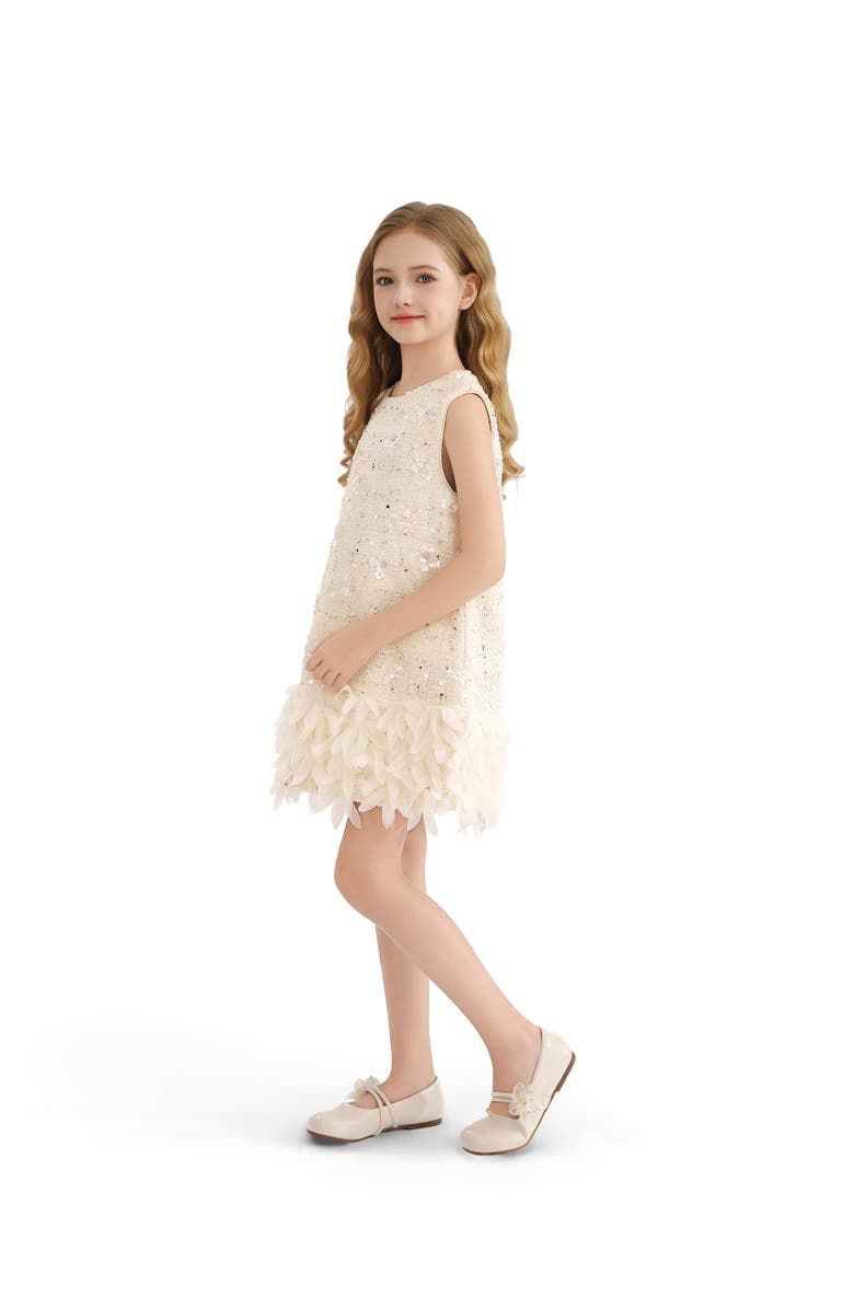 Tulleen Sequin Feather-Hem Dress, Alternate, color, Cream