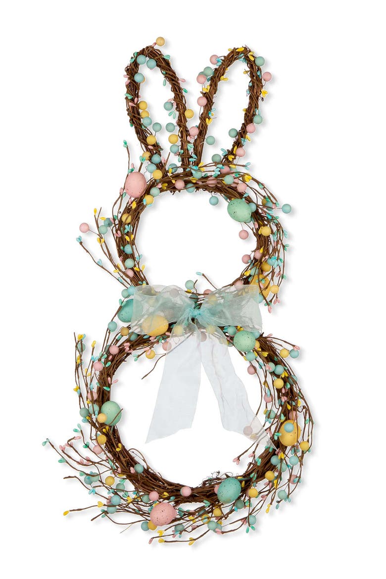 Easter Bunny Shaped Wreath with Eggs & Satin Ribbon Bow, Main, color, Blue