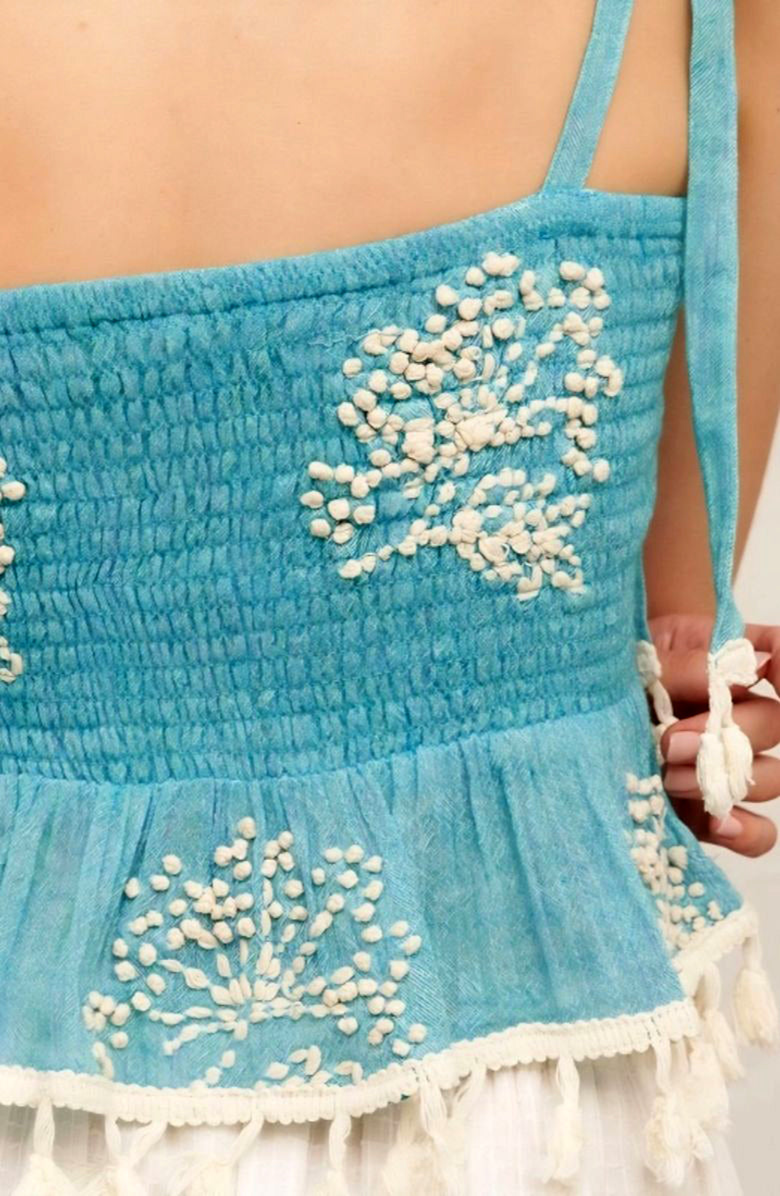 Knit and Lounge Boho Embroidered Smocked Peplum Tank Top, Alternate, color, Blue