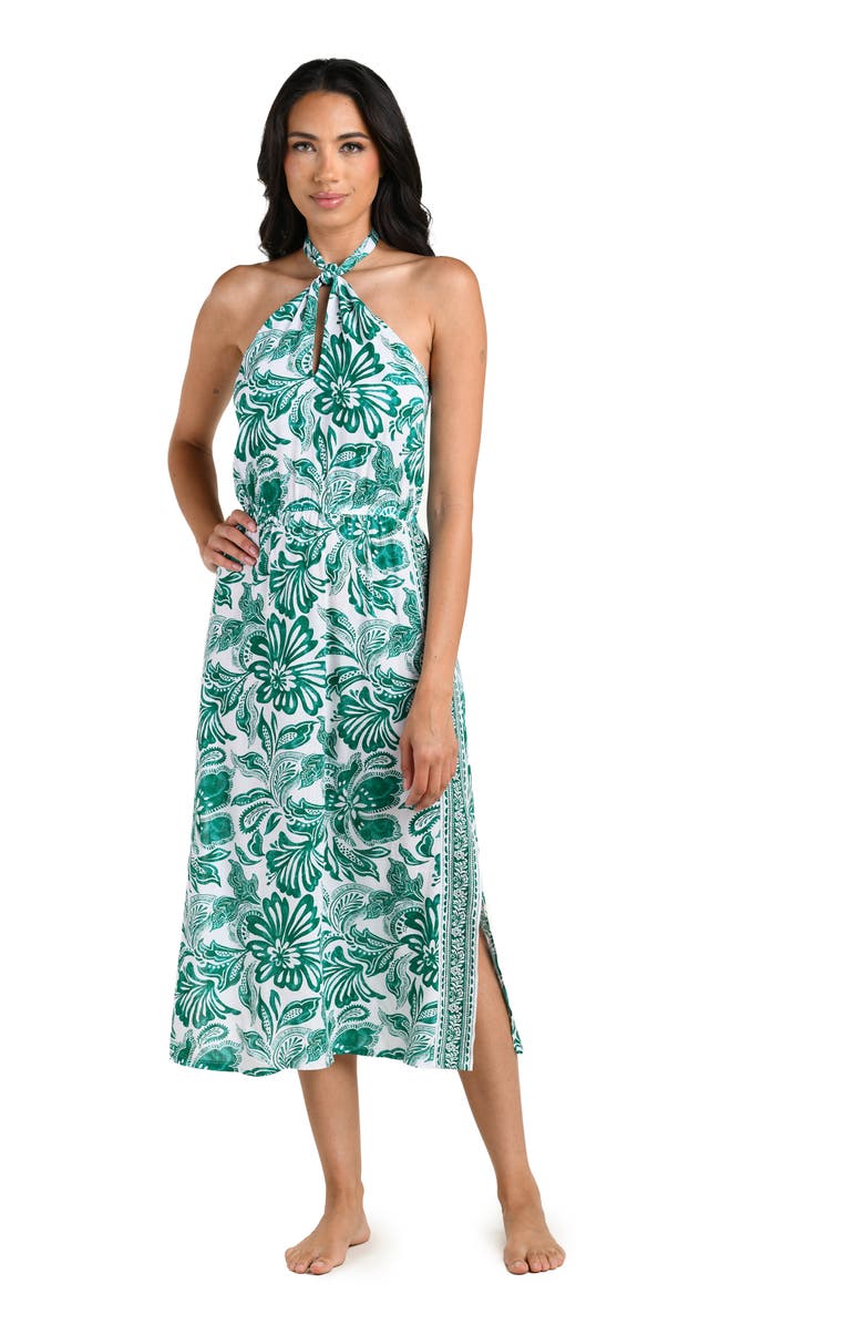 La Blanca Botanical Brocade Fit & Flare Halter Dress, Alternate, color, Jungle