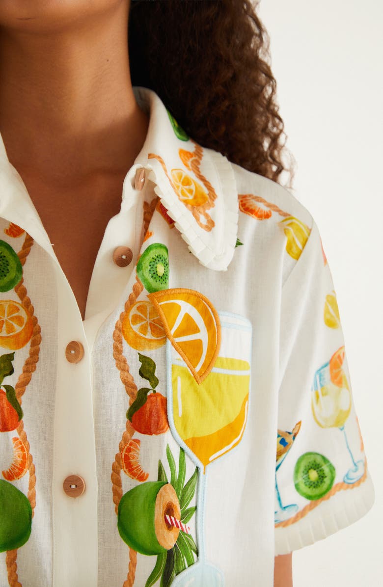 FARM Rio Biricutico Scarf Print Short Sleeve Linen Shirt, Alternate, color, Biricutico Scarf Off