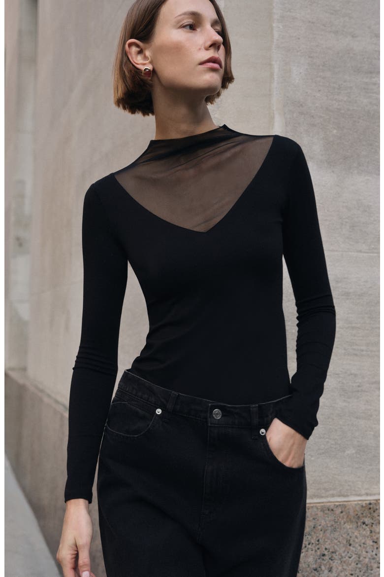 Saige Mesh Inset Long Sleeve Top, Alternate, color, BLACK
