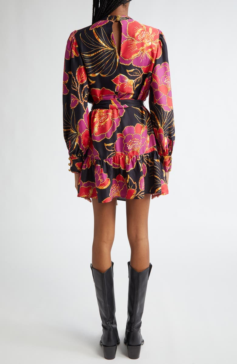 FARM Rio Shiny Chita Floral Print Long Sleeve Minidress, Alternate, color, Shiny Chita Black