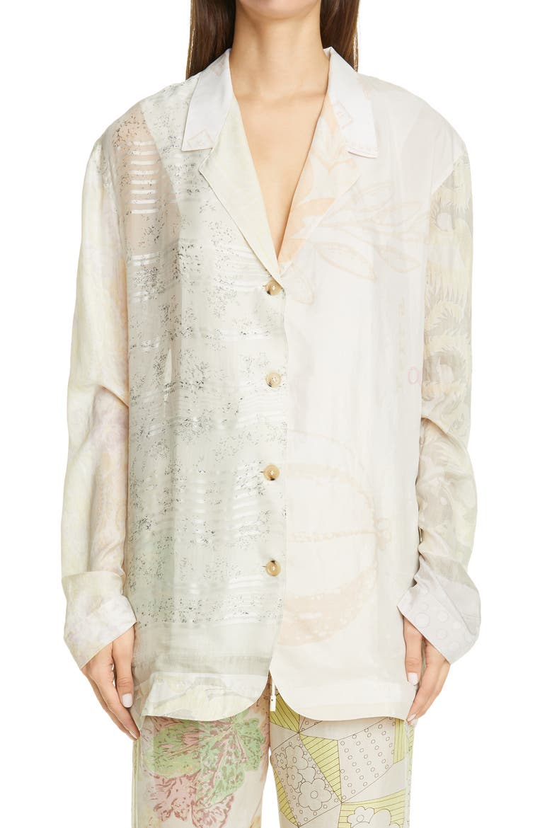 One of a Kind Mixed Print Silk Lounge Shirt, Main, color, BROKEN WHITE WITH PRINT