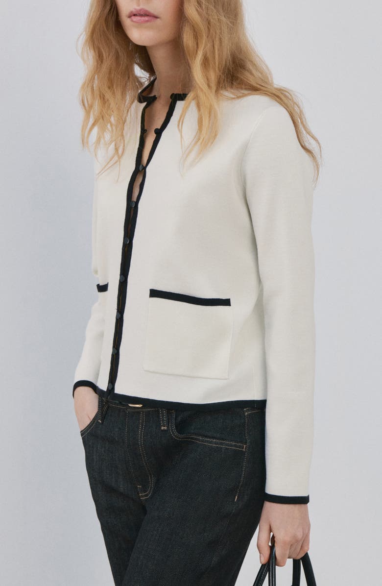 MANGO Contrast Rib Cardigan, Main, color, Ecru