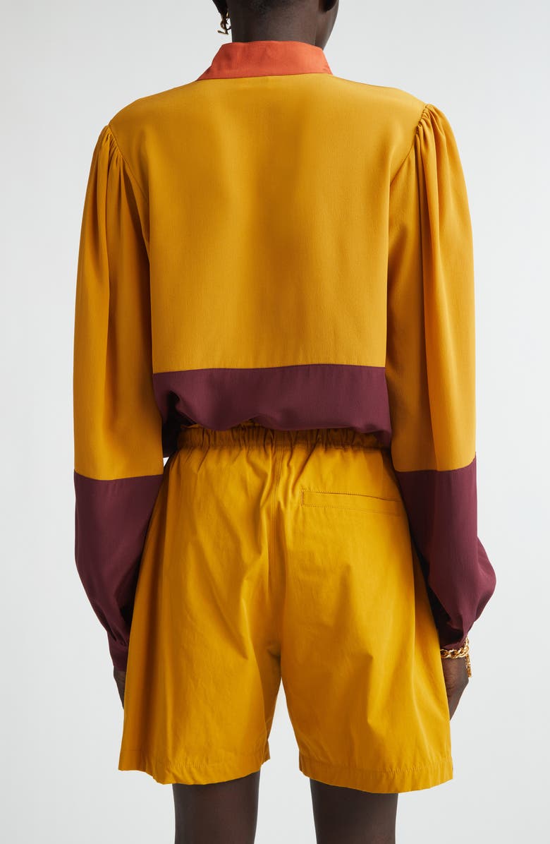 Saint Laurent Colorblock Silk Crêpe de Chine Half-Placket Shirt, Alternate, color, Lie De Vin
