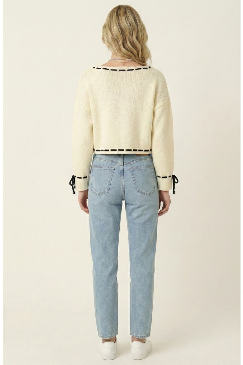 Contrast Tie Scalloped Boat Neck Cropped Hem Knit Sweater, Alternate, color, Ivory