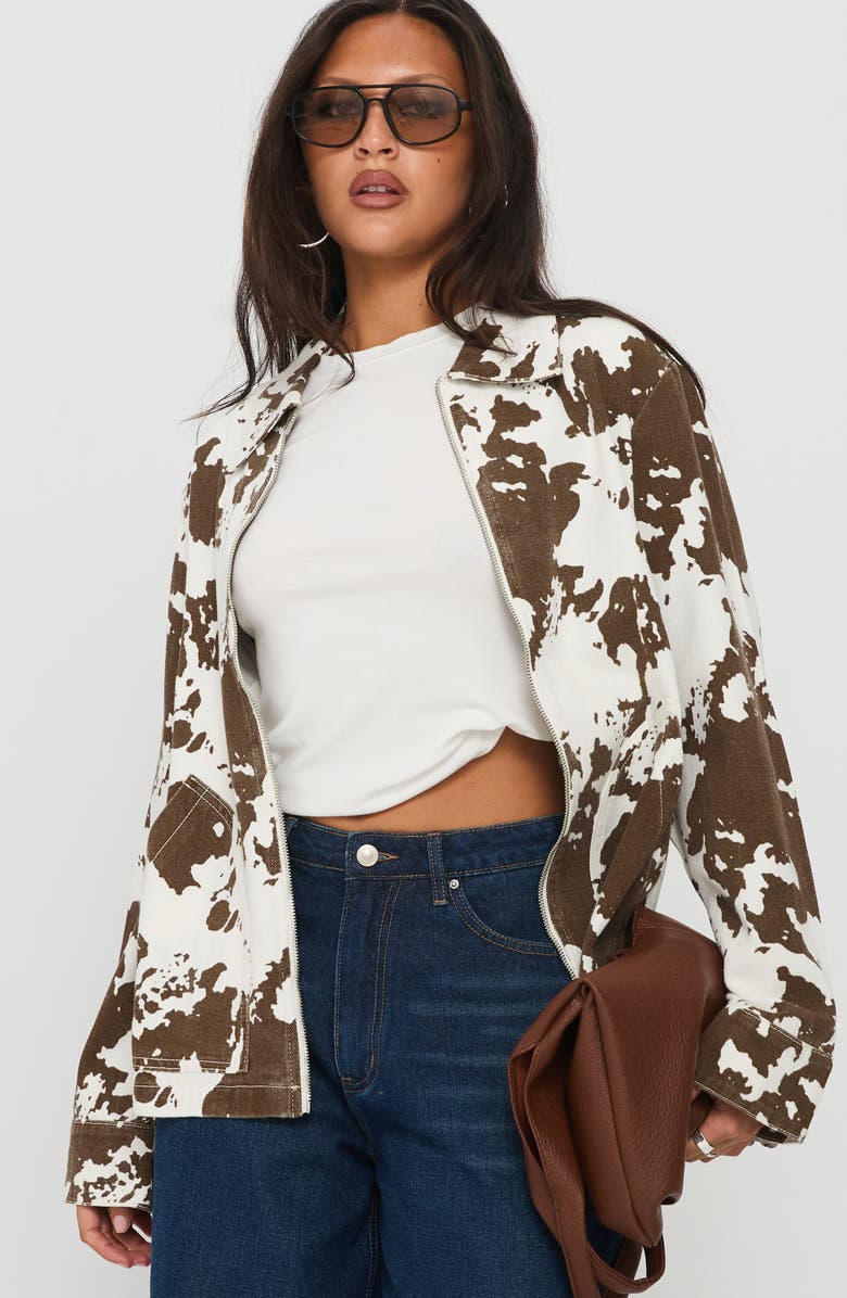 Princess Polly Another Life Zip Through Cow Print Jacket, Alternate, color, Animal