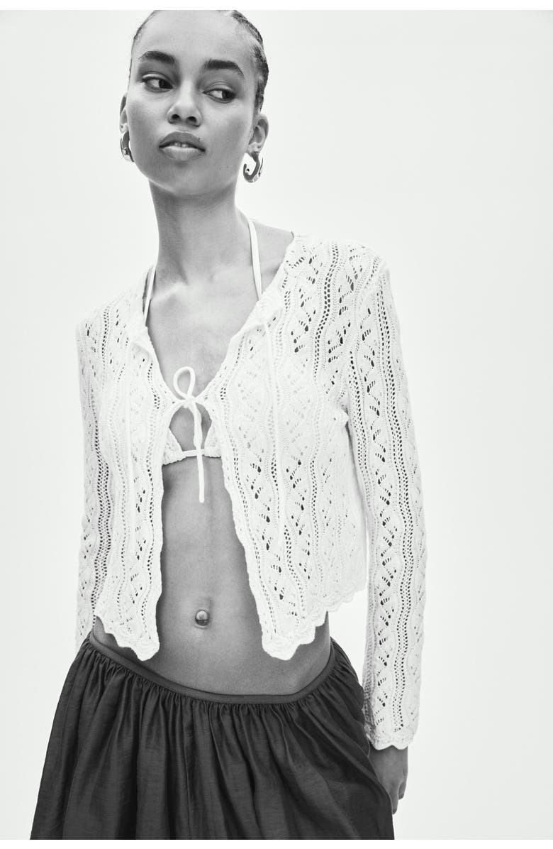 H&M Pointelle-knit tie-front cardigan, Alternate, color, Cream