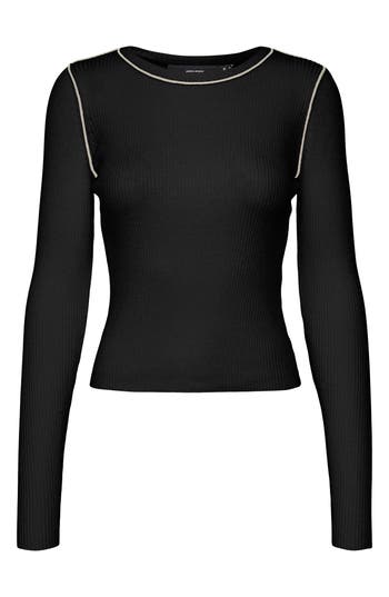 Vero Moda Kara Contrast Piping Long Sleeve Top In Black