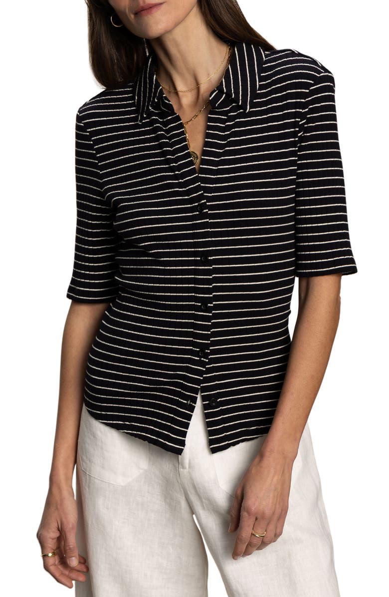 Sanctuary Stripe Elbow Sleeve Rib Button-Up Shirt, Main, color,