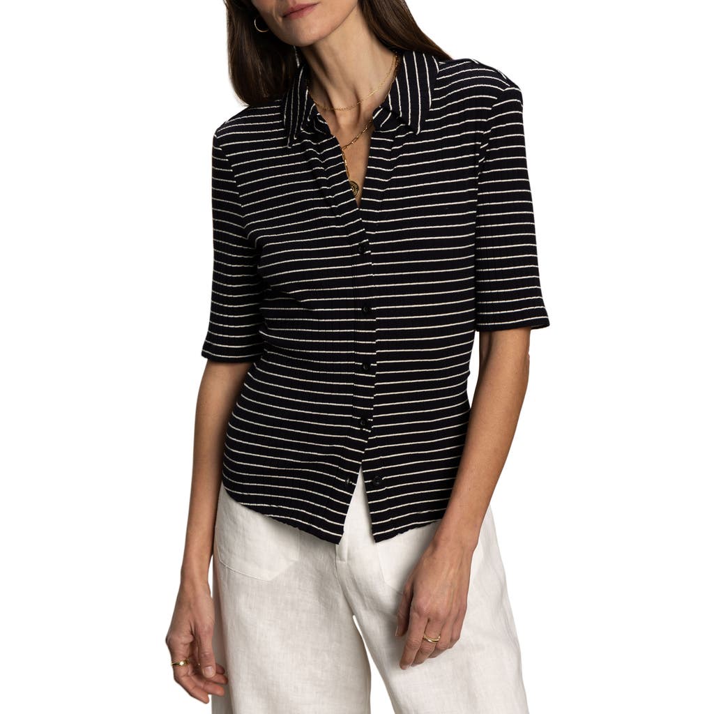 Sanctuary Stripe Elbow Sleeve Rib Button-up Shirt In Black Chalk