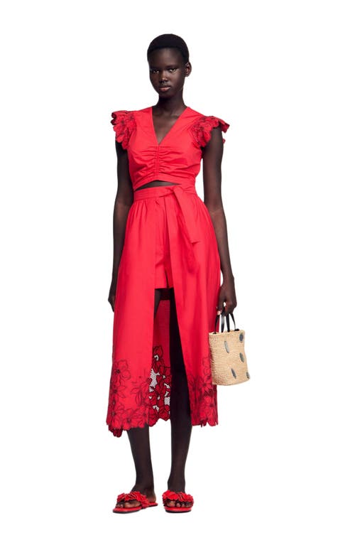 Sandro Cotton-blend Floral Skort In Red