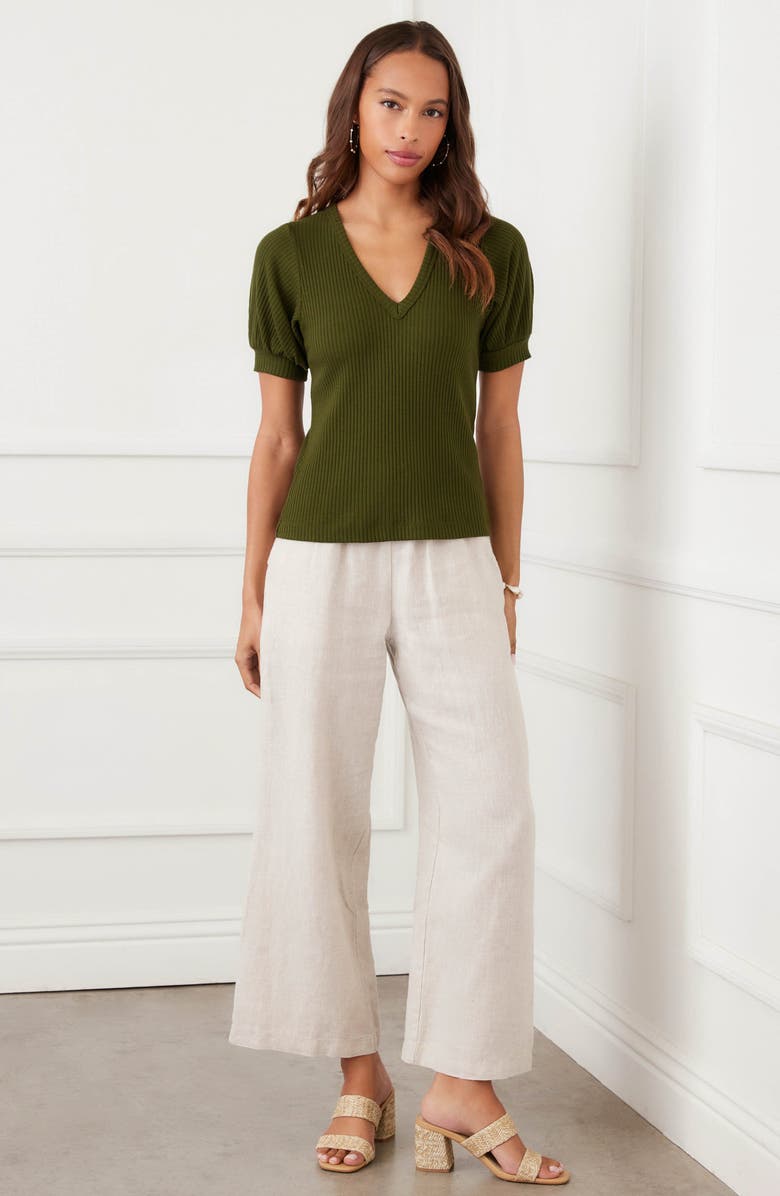 Karen Kane Puff Sleeve Rib V-Neck Top, Alternate, color, Olive