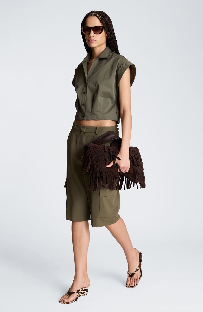 Kenneth Cole Cotton Blend Crop Button-Up Shirt, Alternate, color, Turtle Green