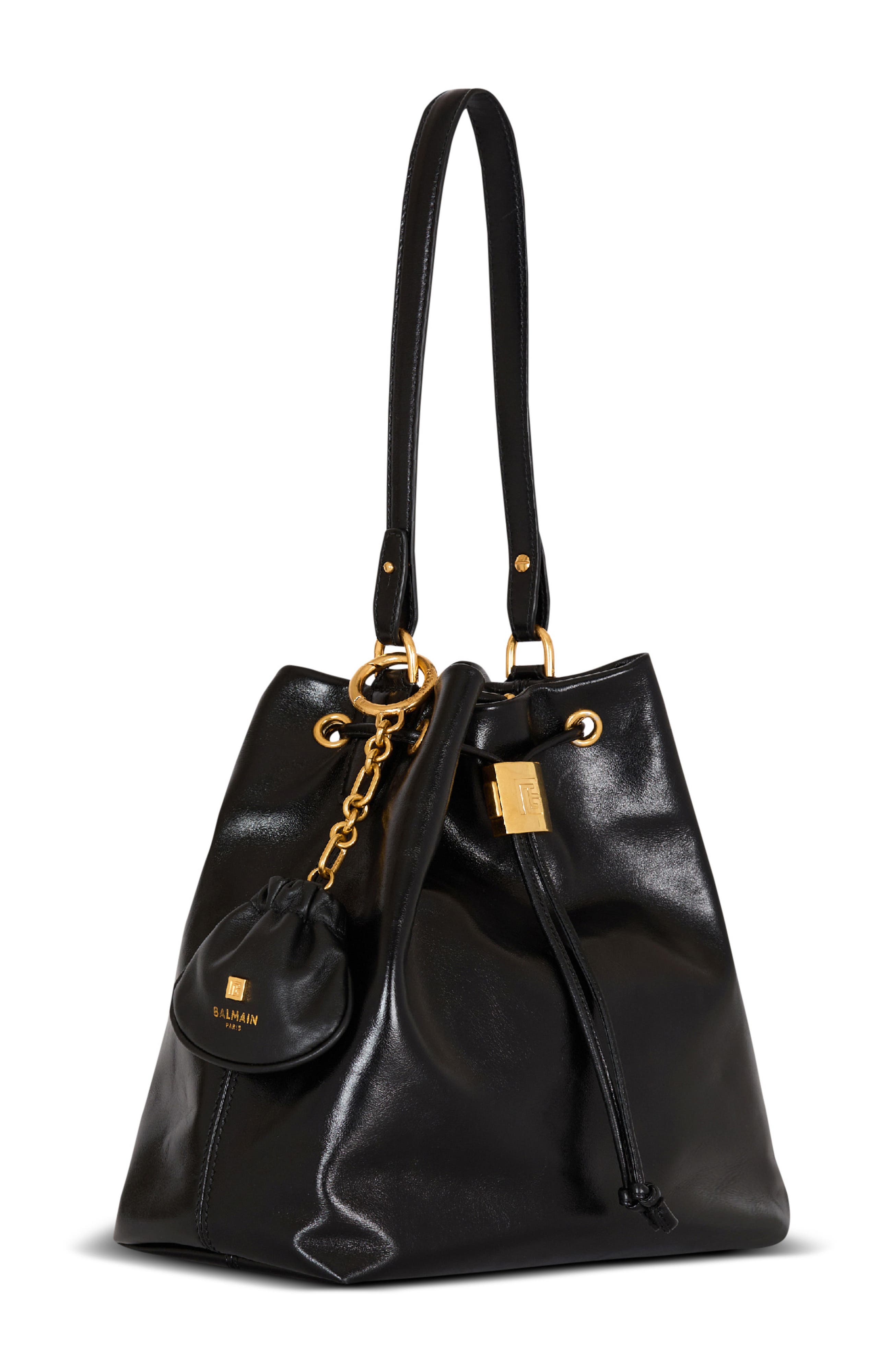 Balmain Pulse leather key ring, Alternate, color, Black