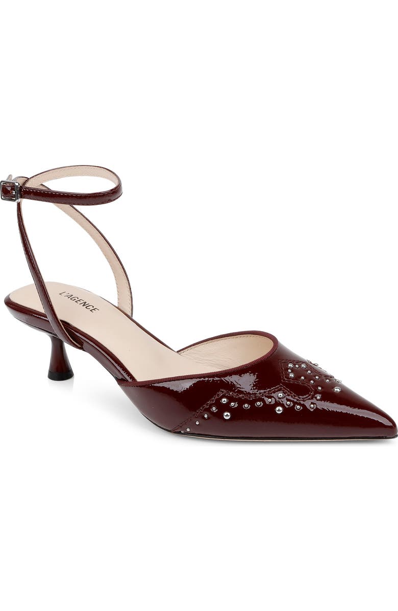 L'AGENCE Liana Ankle Strap Pointed Toe Pump, Main, color, Wine Patent