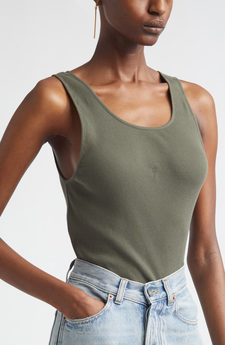 Saint Laurent Cassandre Embroidered Rib Tank, Alternate, color, Kaki Fonce