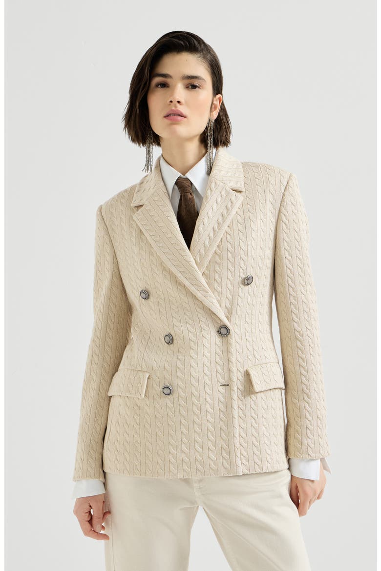 Sparkling cotton and viscose English rib knit blazer with monili, Main, color, Cream