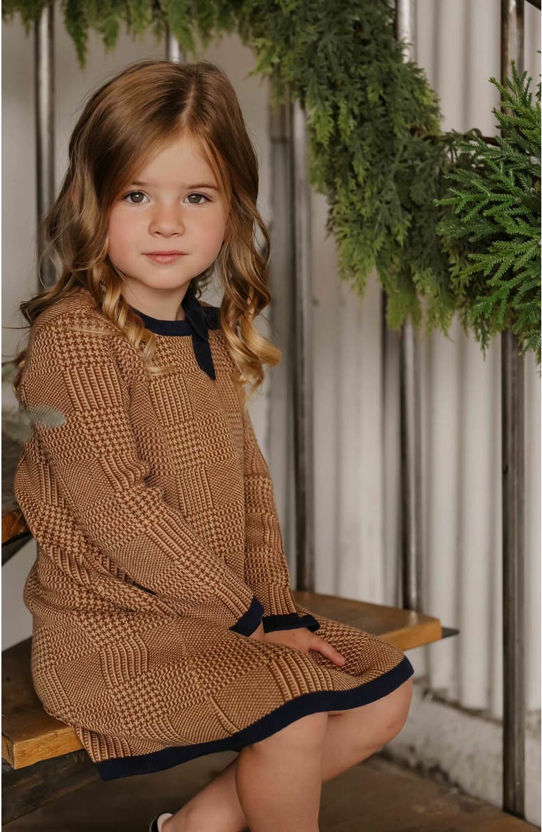 Hope & Henry Girls' Organic Bow Sweater Dress, Toddler, Alternate, color, Brown Glen Plaid Intarsia
