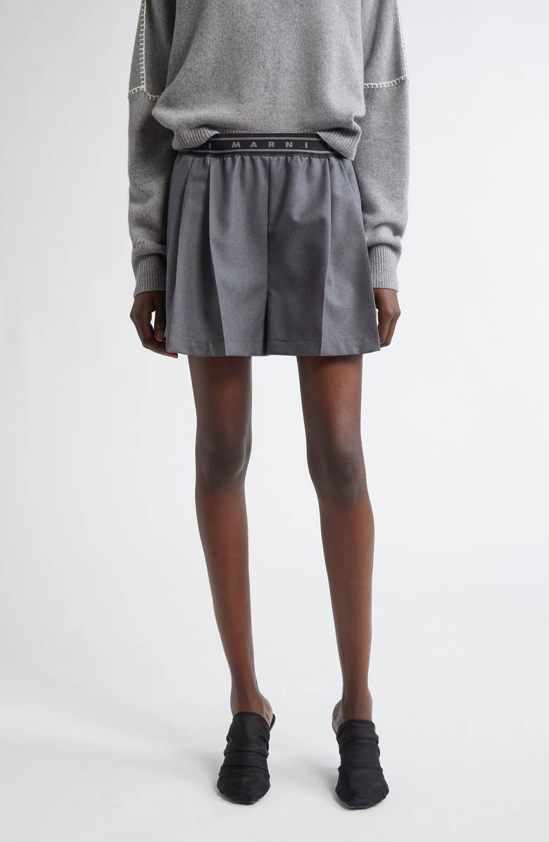Marni Logo Elastic Waist Pleated Virgin Wool Shorts, Main, color, 