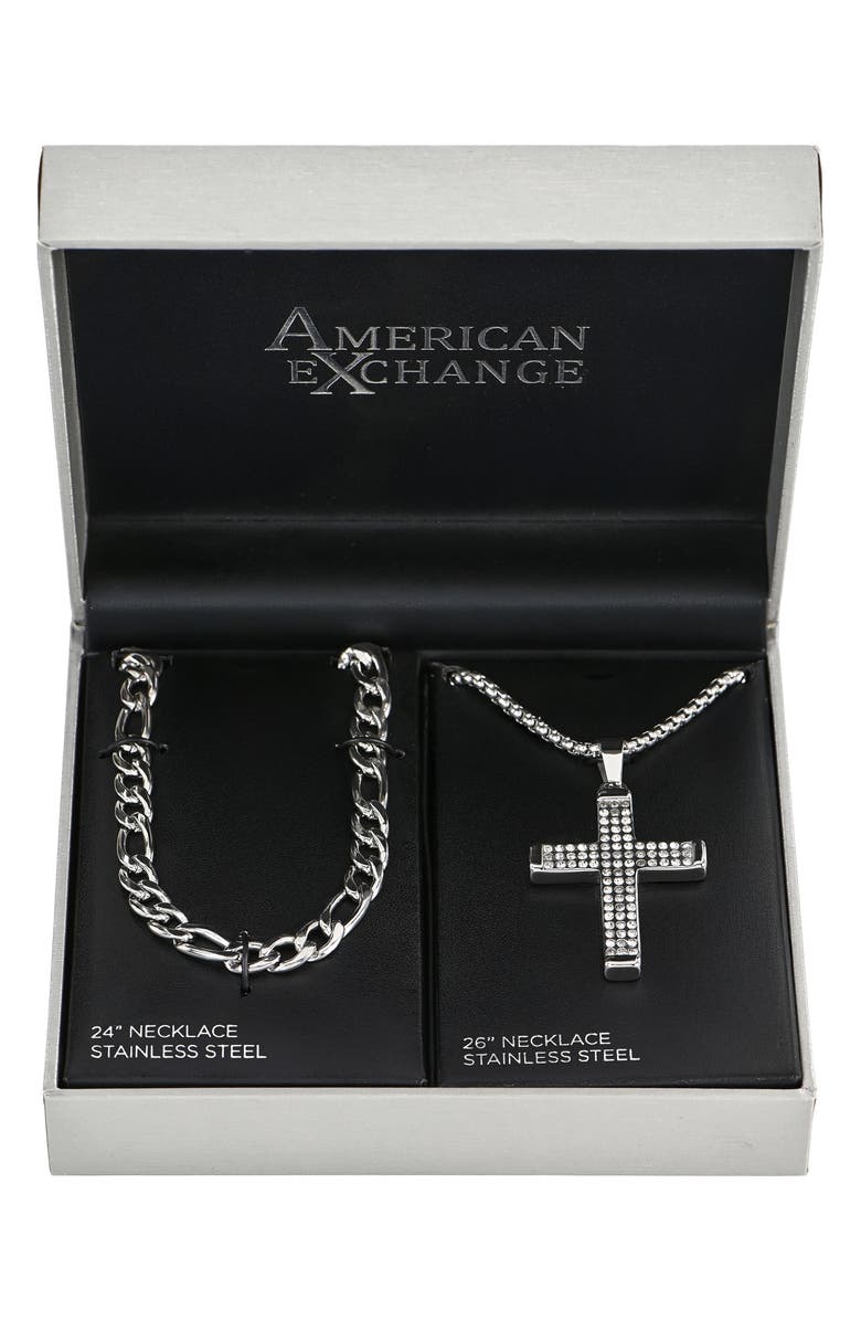 AMERICAN EXCHANGE Men's Set of 2 Figaro Chain & Pavé Crystal Cross Pendant Necklaces, Main, color,
